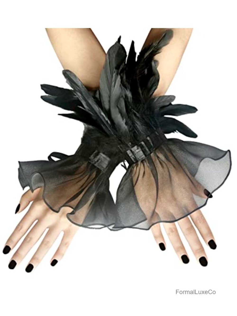 Lace Feather Long Gloves Gothic Mesh Cuff Halloween Wedding Party